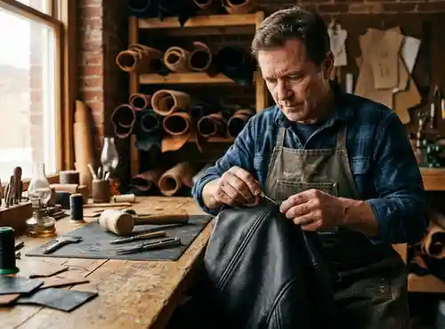 Leather craftsman hand-stitching a jacket in the workshop