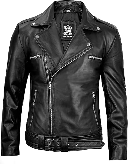 Men's black full-grain leather biker jacket