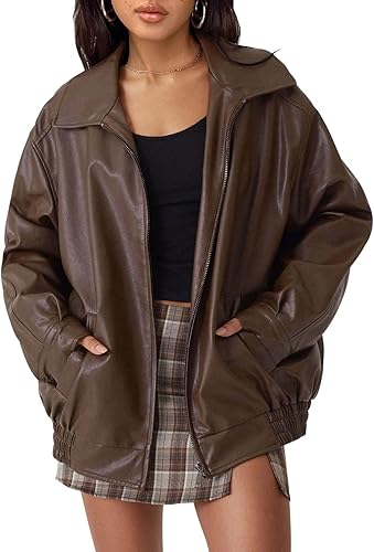 Brown leather bomber jacket, oversized fit