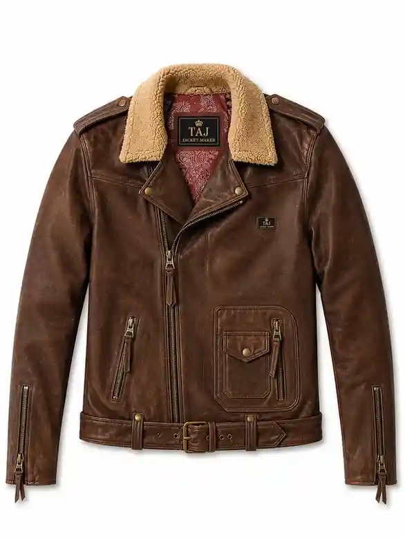 Men's brown leather aviator jacket, shearling collar