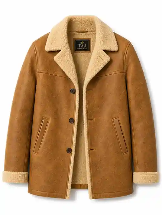 Tan shearling leather coat, sherpa lined