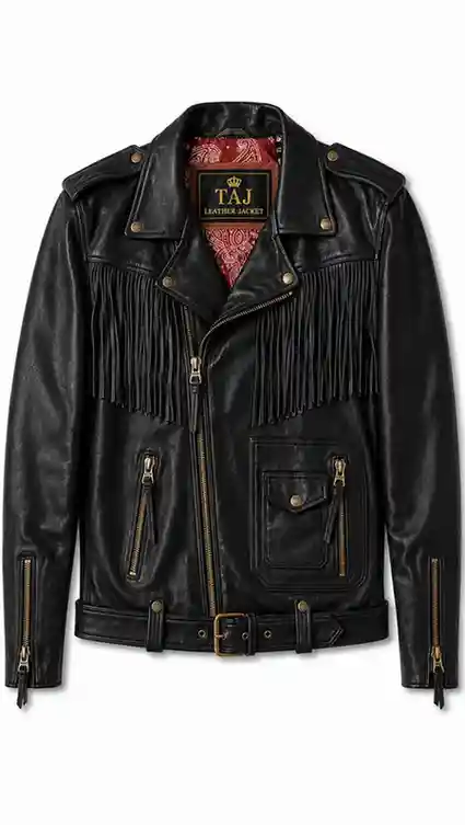 Men's black full-grain leather biker jacket