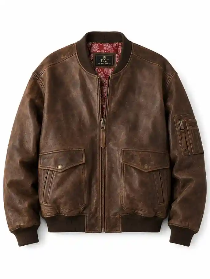 Brown leather bomber jacket, oversized fit