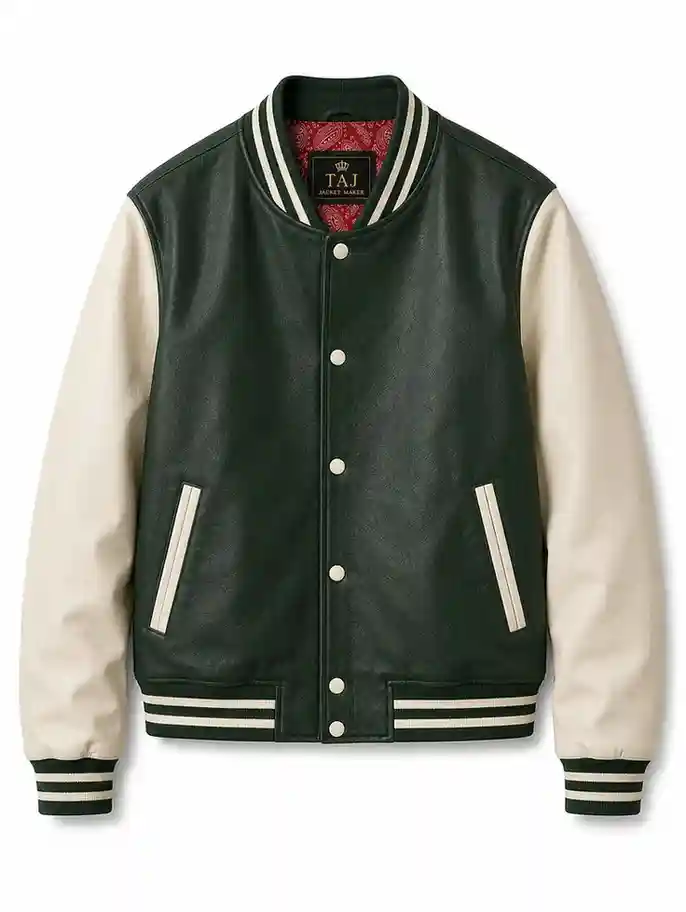 Green and cream leather varsity jacket