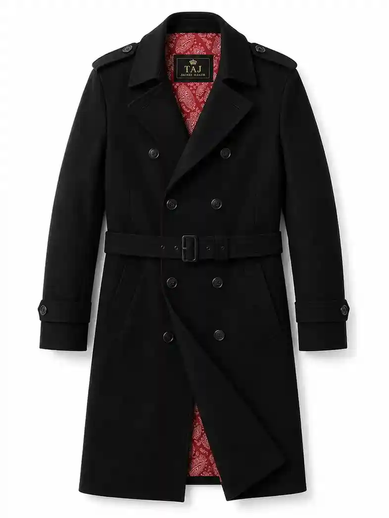 Men's black wool trench coat, tailored fit