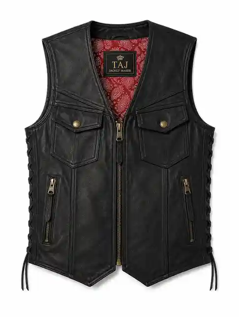 Black leather vest, sleeveless biker style