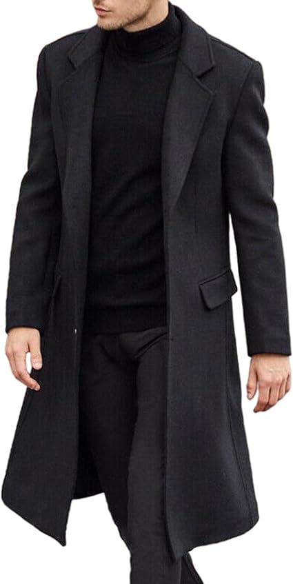 Men's black wool trench coat, long tailored fit