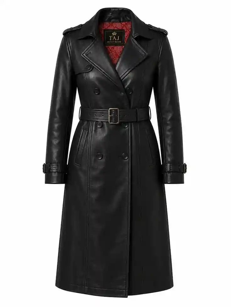 Women's black leather trench coat