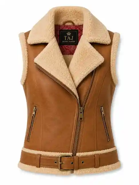 Tan shearling leather vest for women