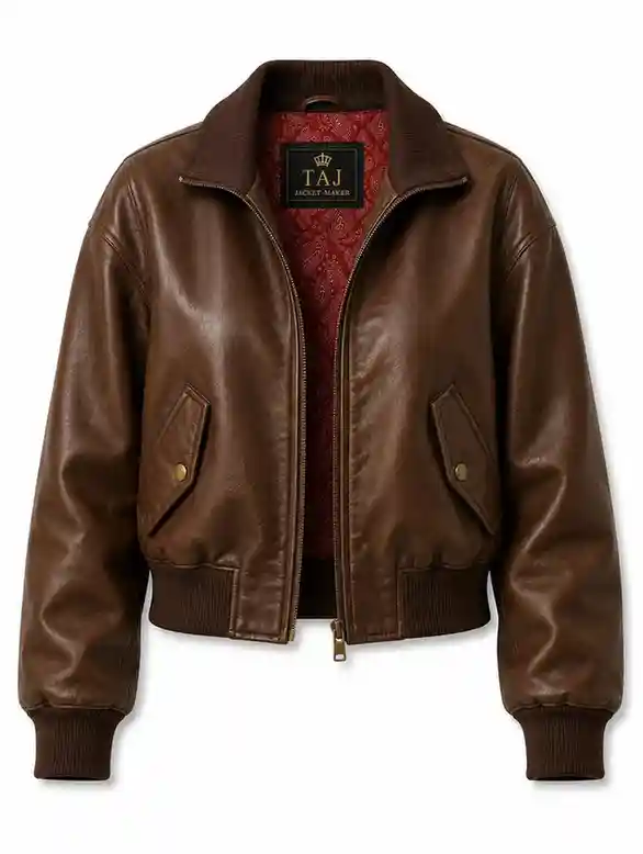 Women's brown leather bomber jacket