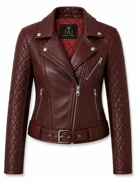 Oxblood quilted leather biker jacket, women's