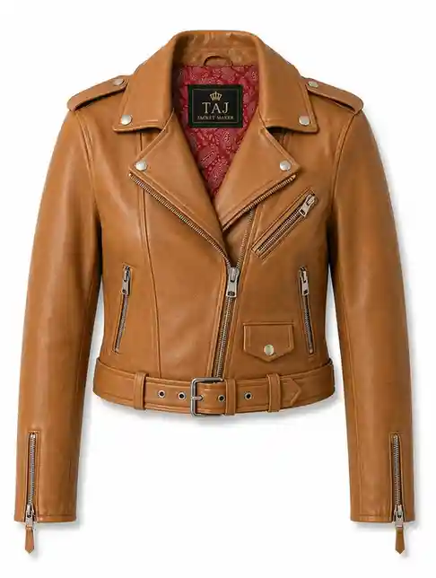 Tan cropped leather biker jacket for women