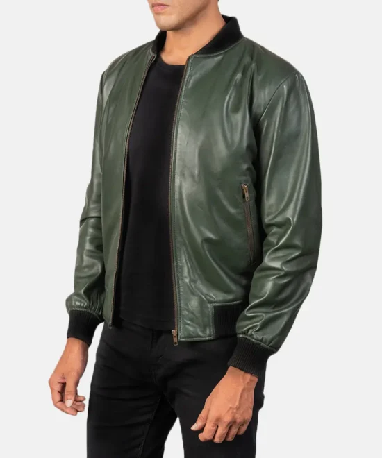 Mens Shane Green Leather Bomber Jacket