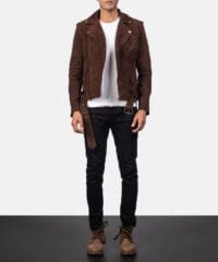 Mocha Suede Leather Biker Jacket with Notch Collar and Zippered Cuffs