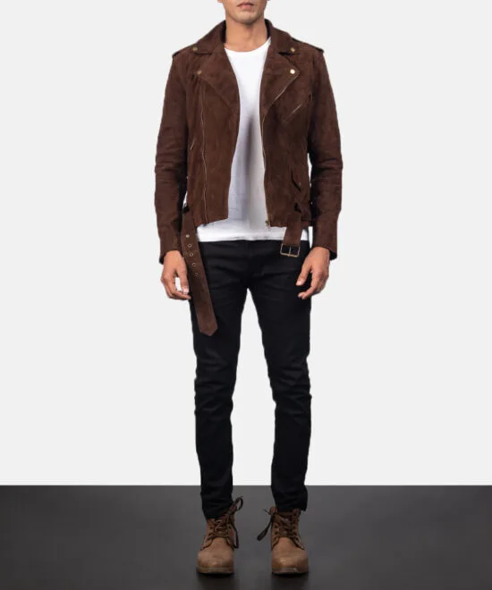 Mocha Suede Leather Biker Jacket with Notch Collar and Zippered Cuffs