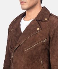 Mocha Suede Leather Biker Jacket with Notch Collar and Zippered Cuffs