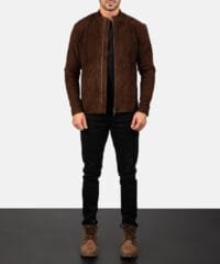 Charcoal Mocha Suede Biker Jacket with Mandarin Collar and Zippered Cuffs