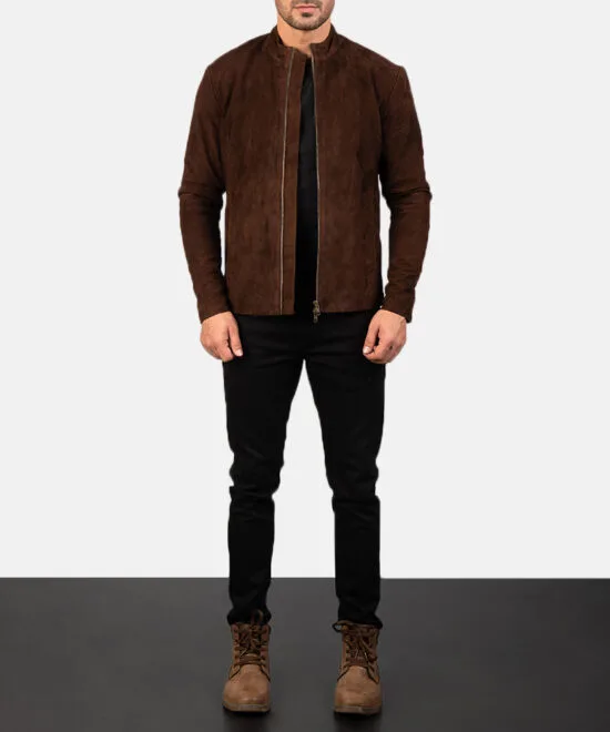 Charcoal Mocha Suede Biker Jacket with Mandarin Collar and Zippered Cuffs