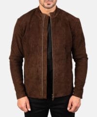 Charcoal Mocha Suede Biker Jacket with Mandarin Collar and Zippered Cuffs