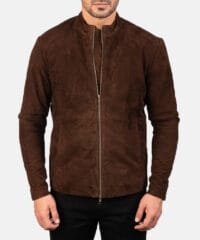 Charcoal Mocha Suede Biker Jacket with Mandarin Collar and Zippered Cuffs