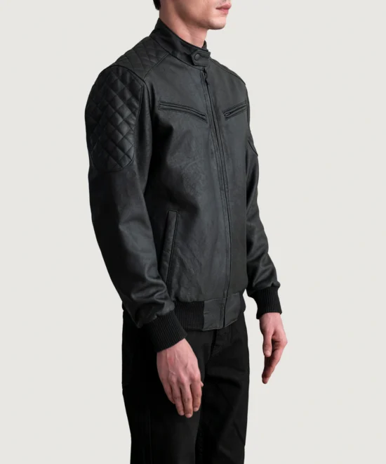 Men's Sven Tumbled Black Leather Bomber Jacket Full Length
