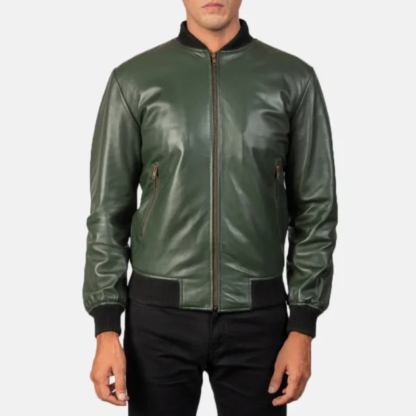 Mens Shane Green Leather Bomber Jacket