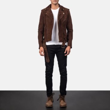 Mocha Suede Leather Biker Jacket with Notch Collar and Zippered Cuffs