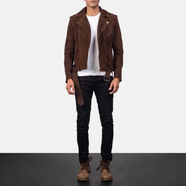 Mocha Suede Leather Biker Jacket with Notch Collar and Zippered Cuffs