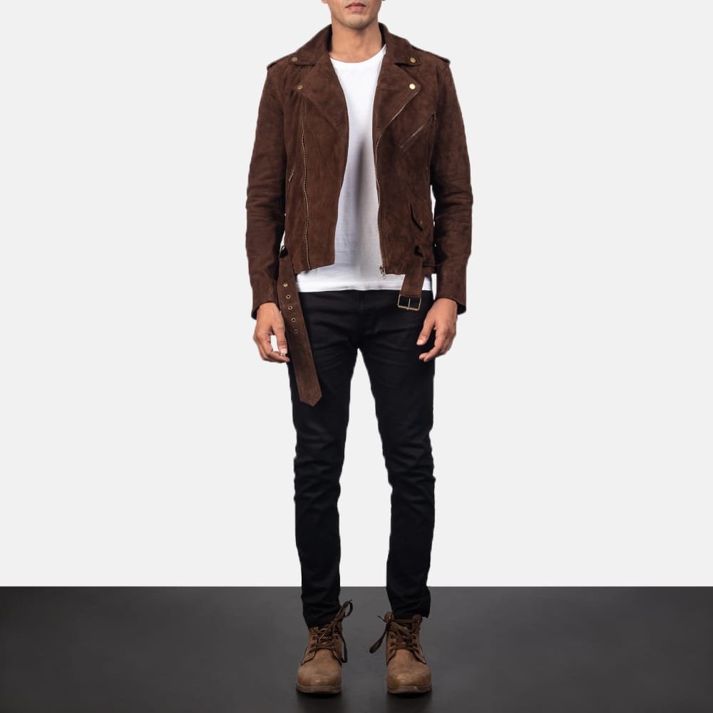 Mocha Suede Leather Biker Jacket with Notch Collar and Zippered Cuffs