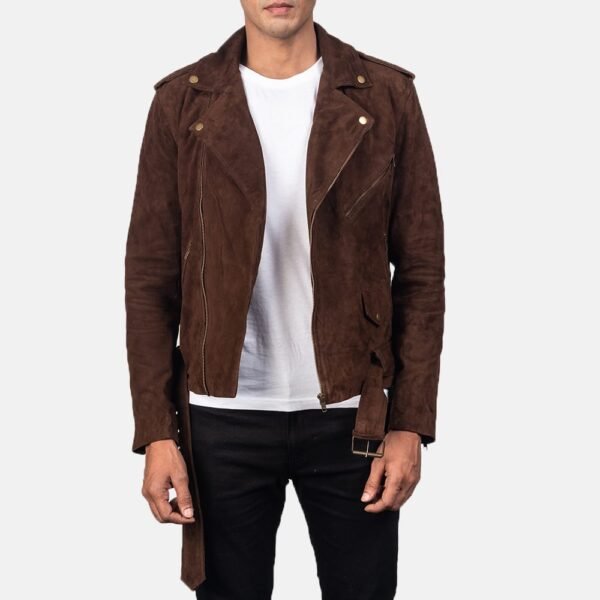 Mocha Suede Leather Biker Jacket with Notch Collar and Zippered Cuffs