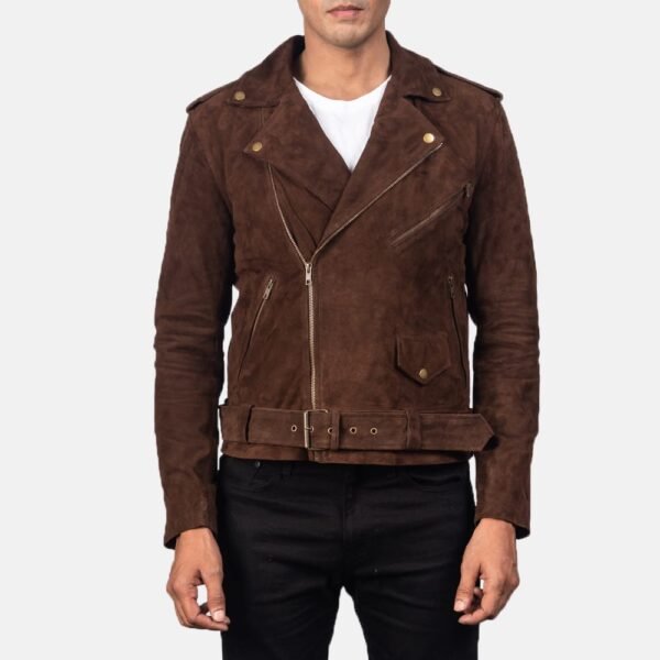 Mocha Suede Leather Biker Jacket with Notch Collar and Zippered Cuffs