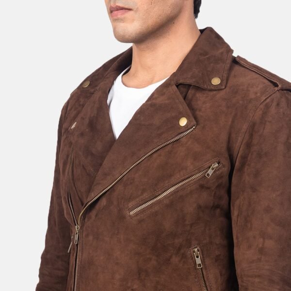 Mocha Suede Leather Biker Jacket with Notch Collar and Zippered Cuffs