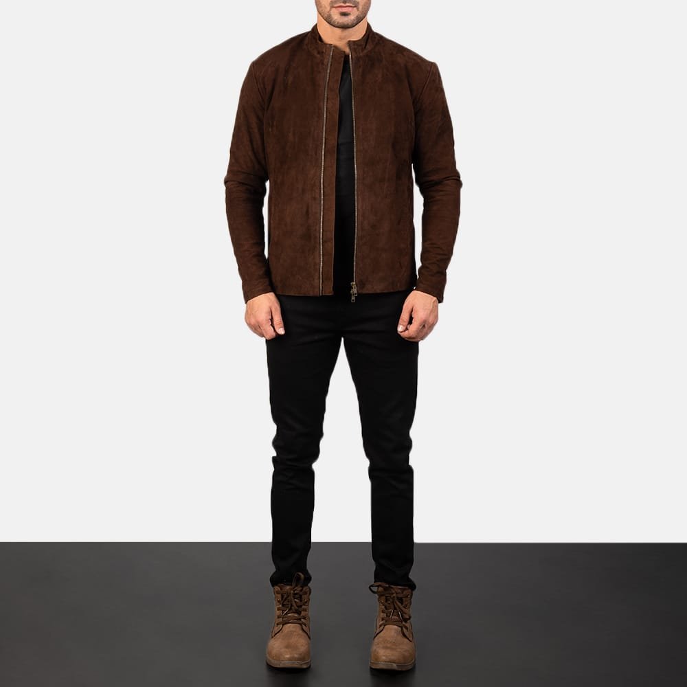 Charcoal Mocha Suede Biker Jacket with Mandarin Collar and Zippered Cuffs