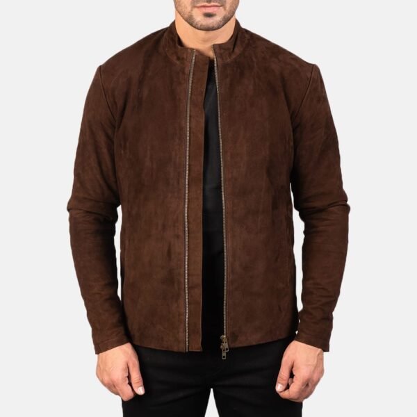 Charcoal Mocha Suede Biker Jacket with Mandarin Collar and Zippered Cuffs