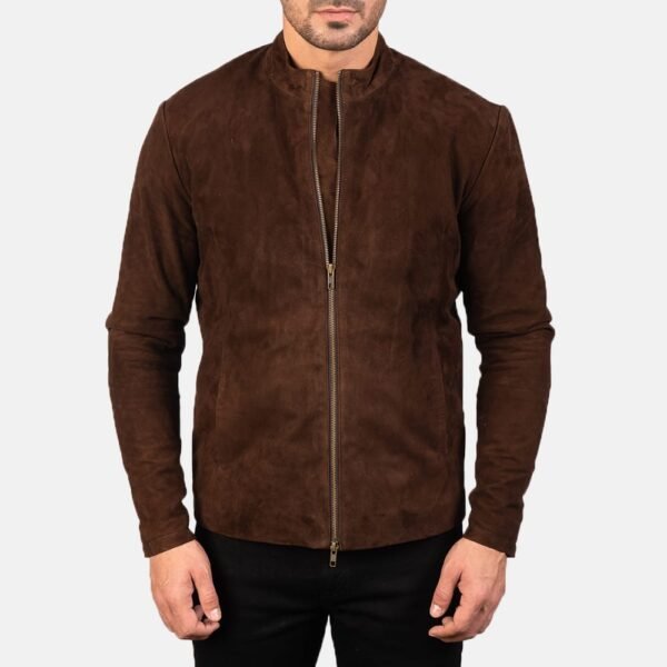 Charcoal Mocha Suede Biker Jacket with Mandarin Collar and Zippered Cuffs