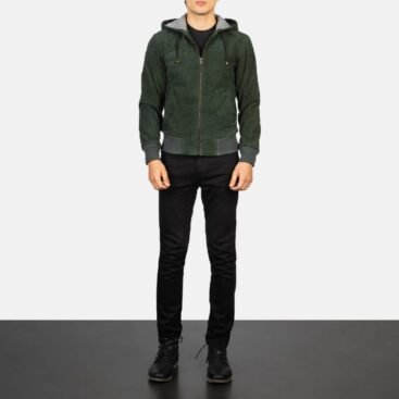 Green Hooded Suede Bomber Jacket with Rib-Knit Cuffs and Fleece Lining