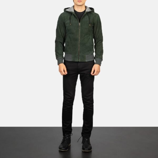 Green Hooded Suede Bomber Jacket with Rib-Knit Cuffs and Fleece Lining