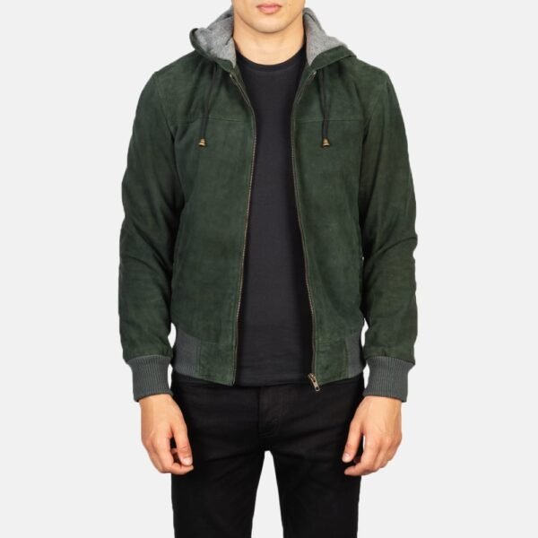 Green Hooded Suede Bomber Jacket with Rib-Knit Cuffs and Fleece Lining
