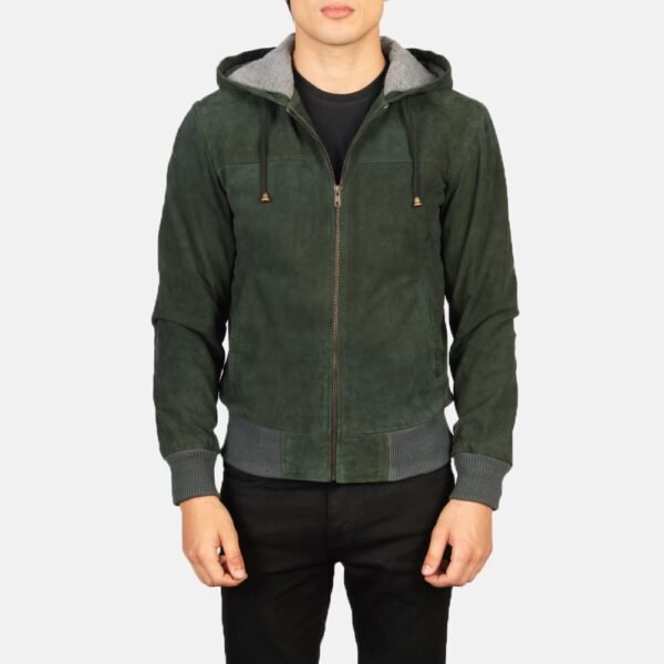 Green Hooded Suede Bomber Jacket with Rib-Knit Cuffs and Fleece Lining