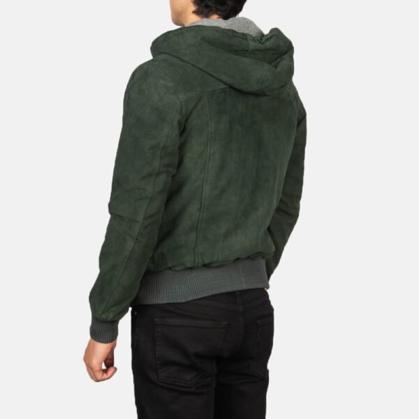 Green Hooded Suede Bomber Jacket with Rib-Knit Cuffs and Fleece Lining