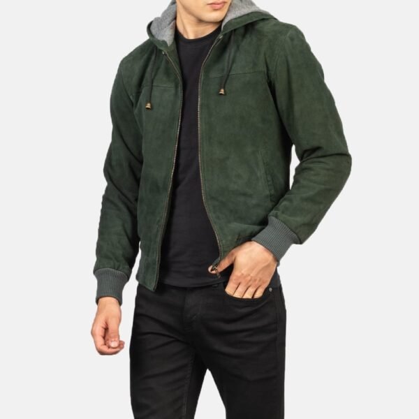 Green Hooded Suede Bomber Jacket with Rib-Knit Cuffs and Fleece Lining